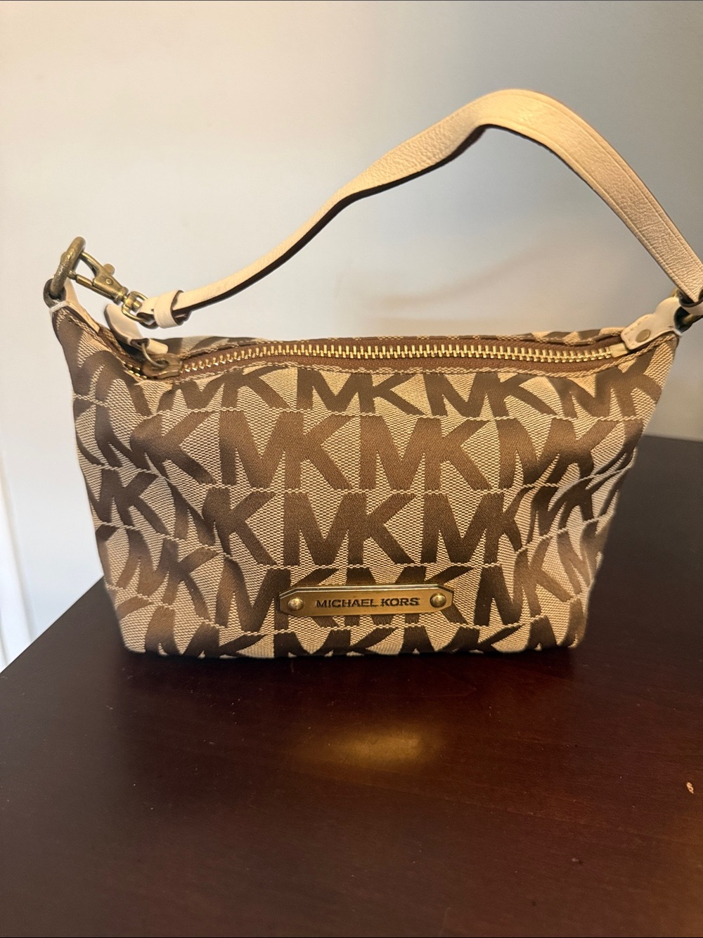Michael Kors Beige and Brown MK Logo Shoulder Wristlet bag
